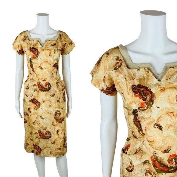 Vintage 1950s Novelty Print Dress Brown Feathers V Neck Wiggle Pin Up | W 25" - Picture 1 of 14